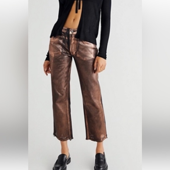 Maggie mid-rise destroyed raw crop hem shiny Fall Metal copper button fly jean - Picture 2 of 15
